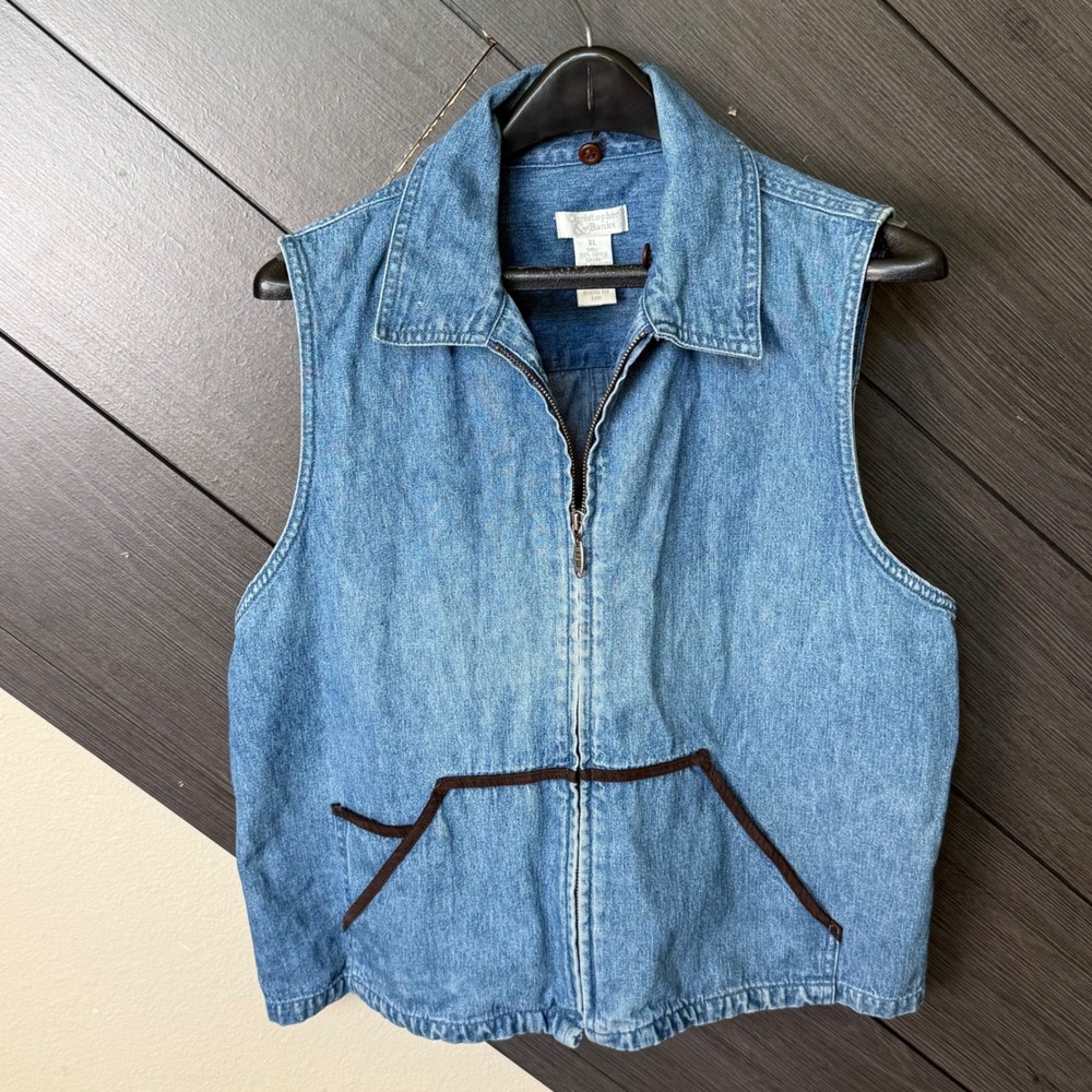 Christopher & Banks Women's Denim Zip Front Vest Brown Suede Trim XL Western